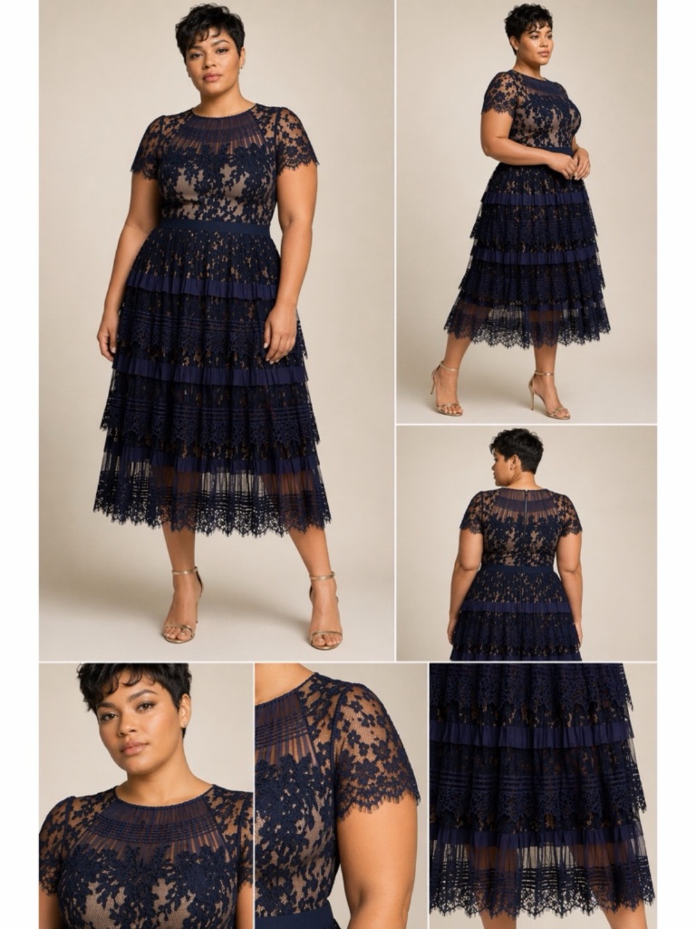 SOLD - Tadashi Shoji Nixie Pleated Navy Blue Lace Tulle Midi Dress - Size 18